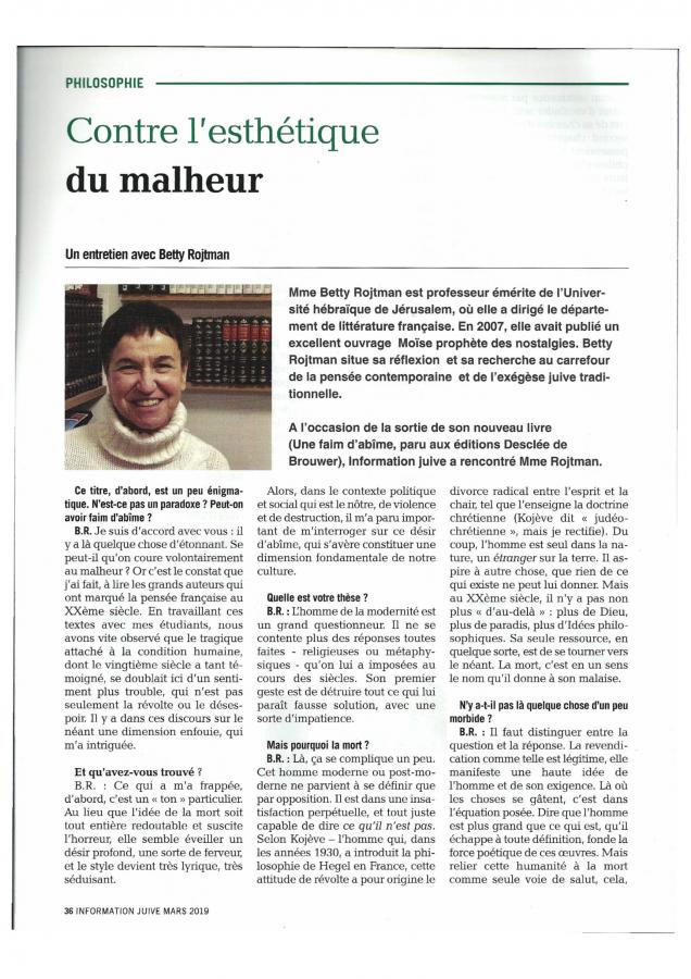 Information Juive - Mars 2019 - Du malheur - Entretien avec Betty Rojtman